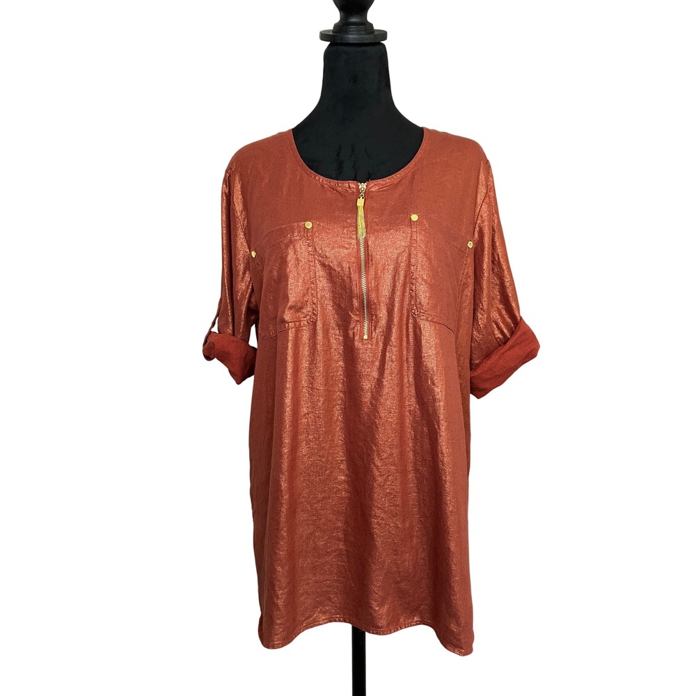 Ellen Tracy‎ Short Tab Sleeve 1/4 Zip Linen Blend Tunic Metallic Copper Large